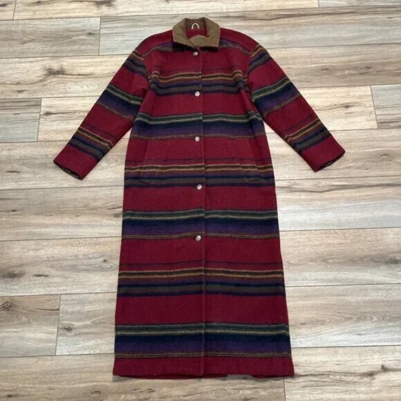 Woolrich Blanket Coat SZ Small Red Stripe Wool Blend Long Button Up Vintage - Picture 1 of 15